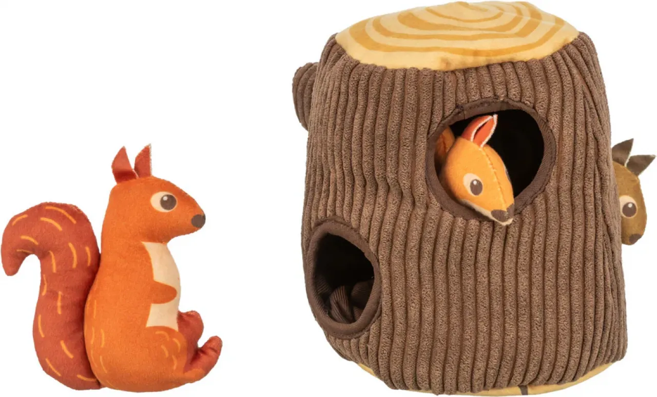 Baumstumpf mit Eichhörnchen Puzzlespiel für Hunde aus Plüsch